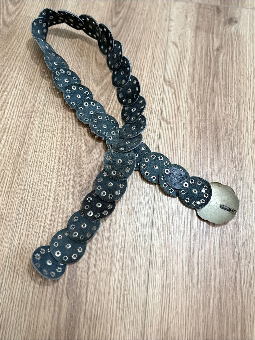 Chico's Black Leather Medallion Belt with Brass Concho